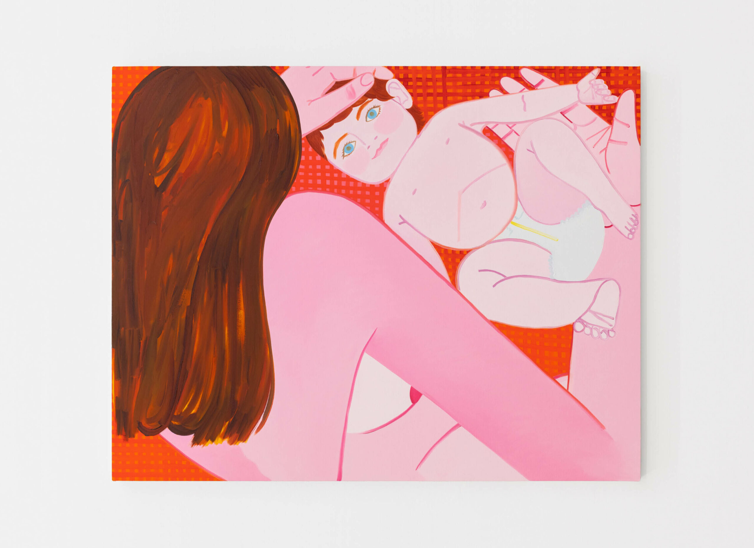 Overall image of Madeline Donahue's "Circle." "Circle" depicts the mother’s perspective; she covers her baby’s body with a diaper and encircles the baby in an embrace. The mother is nude and vulnerable, the baby is protected and connected, their eyes locked on eachother.