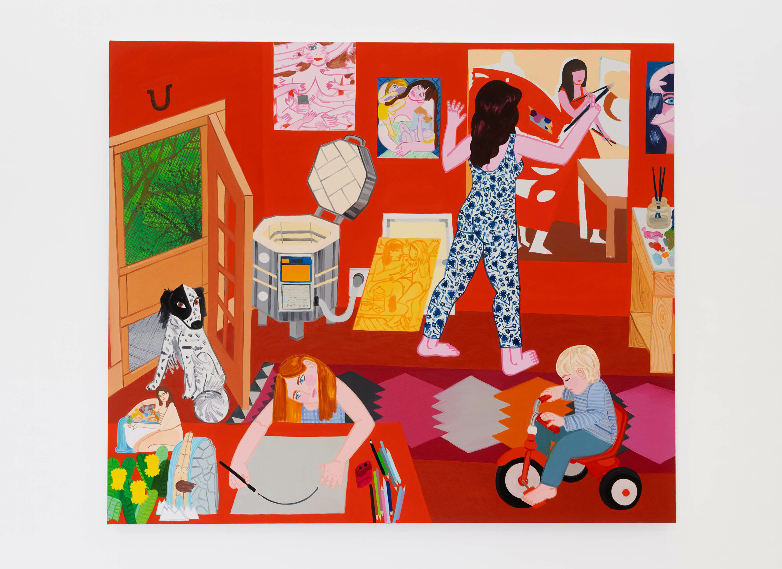 Overall image of Madeline Donahue's "Red Studio." "Red Studio" is inspired by Matisse's work of the same name and depicts Madeline painting and her children playing in her studio.