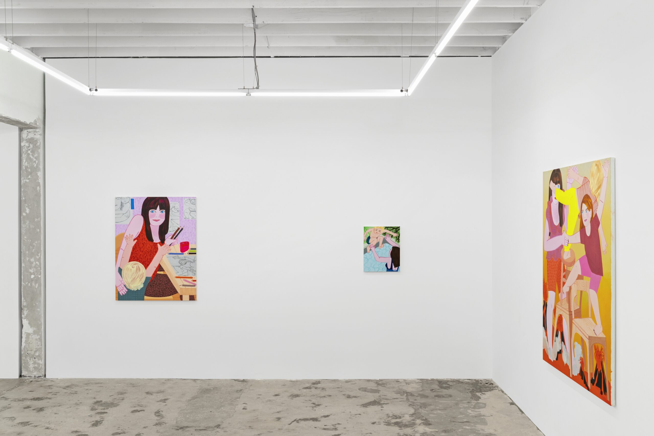 Installation view of Madeline Donahue: Present Tense on view in the Front Gallery. Photographed are oil on canvas paintings titled "Amorini at the Table," "Jump," and "Floor is Lava."