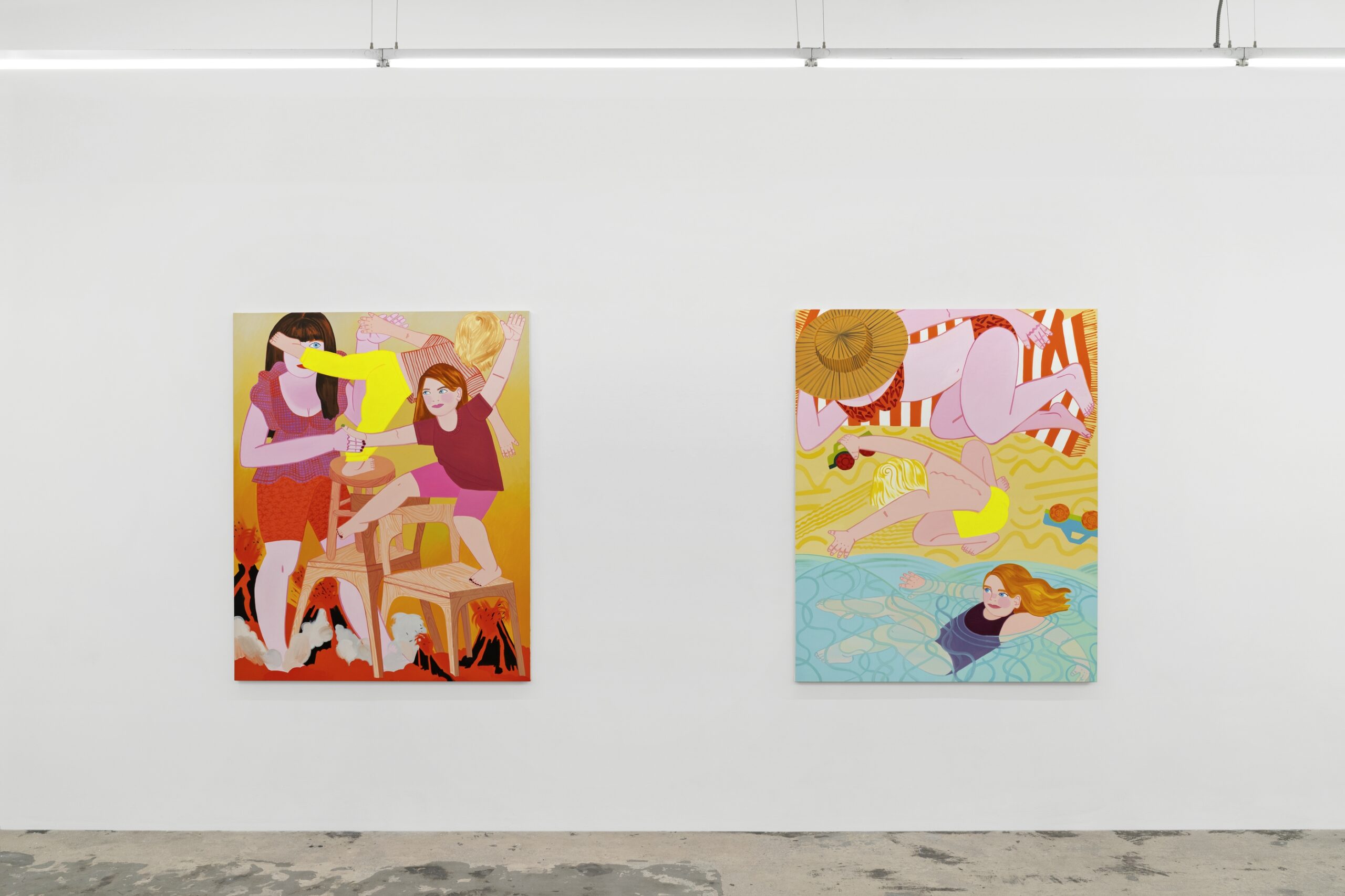 Installation view of Madeline Donahue: Present Tense on view in the Front Gallery. Photographed are oil on canvas paintings titled "A Really Nice Place to Enjoy You" and "Floor is Lava."