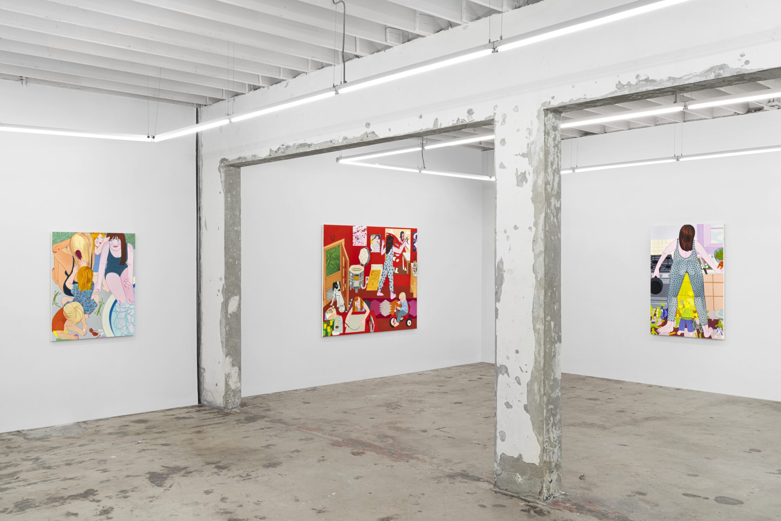Installation view of Madeline Donahue: Present Tense on view in the Front Gallery. Photographed are oil on canvas paintings titled "Beam Me Up," "Red Studio," and "Hot Day."
