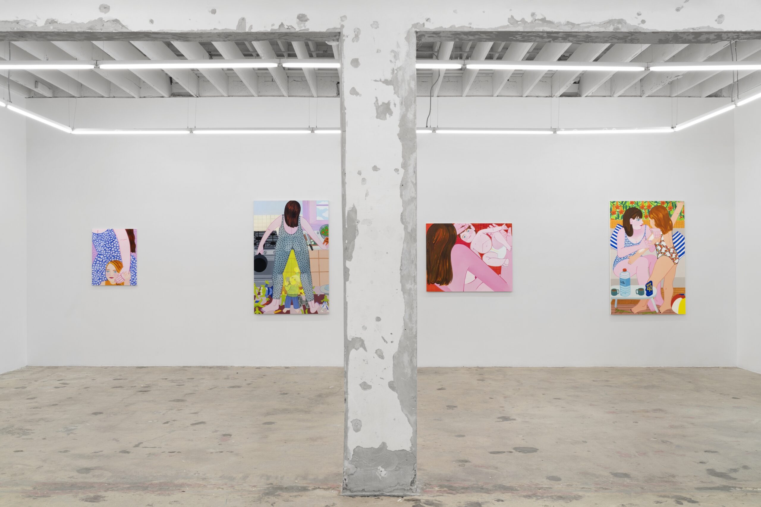 Installation view of Madeline Donahue: Present Tense on view in the Front Gallery. Photographed are oil on canvas paintings titled "Sunscreen," "Circle," "Beam Me Up," and "Hip Height."